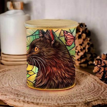 Stained Glass Black Cat Memorial Jar Tealights Flower Candle Holder with Battery Operated Flickering Tea Light, Pet Sympathy Tea Light Holder Light Glass Tealight Holder Gife for Lost Cat - color: Stained Glass Black Cat