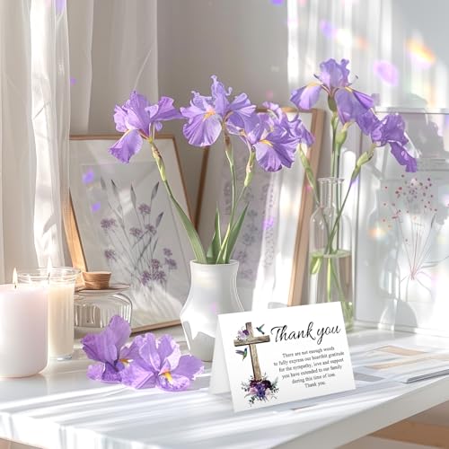 FYSUIMU 50Pcs Funeral Thank You Cards Boxed Purple Floral Cross Sympathy Thank You Cards with Sticker Envelope Bereavement Card for Memorial Service Loved Ones Celebration of Life - style: Purple Floral