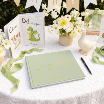 Wedding Guest Book, Polaroid Photo Guestbook for Baby Shower | Table Sign Included, Gold Stamping, Hardcover, 9x7.5", Perfect for Bridal Party & Baby Shower, Sage - color: Sage