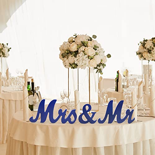 Mr & Mrs Signs Table Decor: Rustic Wooden Freestanding Letters - Wedding & Anniversary Props (Navy Blue) - color: Navy blue