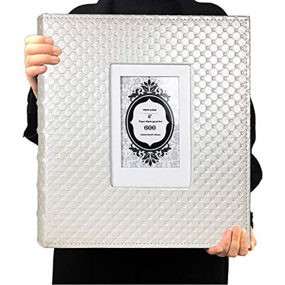 RECUTMS Photo Album 600 Pockets 4x6 Pictures Leather Wedding Albums White | Large Capacity, Horizontal Vertical Pockets, Black Pages, Graduation Family Anniversary Album, Luxury Leather Checked Texture - color: White, size: 600 pockets