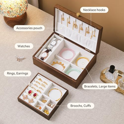 Black Walnut Wooden Jewelry Box, 2 Layer Necklace Organizer Case for Women - color: 2 Layer