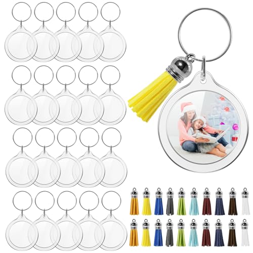 20 Set Acrylic Photo Keychain-Clear Picture Frame Keychain with Tassels - style: Round