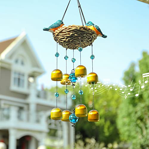 Taman Bird Wind Chimes, Metal Bells Windchimes Outdoor Garden Gifts | 27.5 Inch Blue Bird Wind Chimes for Outside, 9 Bronze Bells, Soothing Sounds, Bird Garden Decor, Gifts for Women - size: Nest