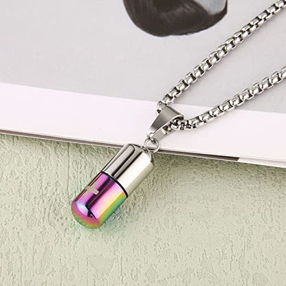 STWTR Stainless Steel Cylindrical Souvenir Capsule Pill Pendant Necklace, Cremated Ashes Pill Container Necklace - color: Purple