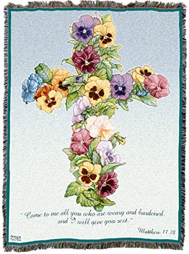 Pansy Cross Blanket by Parker Fulton - Come To Me All You Who Are Weary - Scriptures Matthew 11:28 - Sympathy Bereavement Gift Tapestry Throw Woven from Cotton - Made in the USA (72x54) - color: Pansy Cross, size: 72" x 54"
