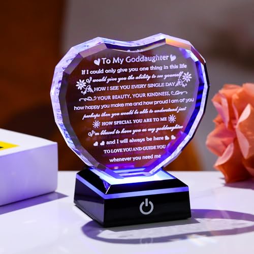 Arikyrist Goddaughter Gifts from Godmother Birthday Gift for Goddaughter from Godparents With LED Base Heart Crystal Keepsake Unique Goddaughters Gifts Idea on Mother's Day Christmas Graduation - style: Goddaughter Gifts + Light Base