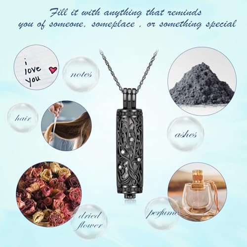 Tree of Life Urn Necklace for Women Men Cylinder Bar Memorial Ash Pendant | Tree of Life Cremation Jewelry,Stainless Steel Keepsakes Necklaces,Vial Ashes Pendant - color: Black