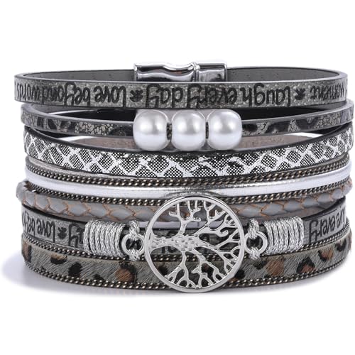 Tree of Life Inspirational Leather Wrap Bracelets Boho Western Cowgirl Cuff - color: Gray Cheetah