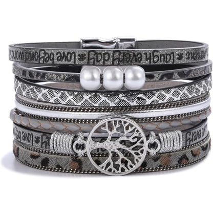 Tree of Life Inspirational Leather Wrap Bracelets Boho Western Cowgirl Cuff - color: Gray Cheetah