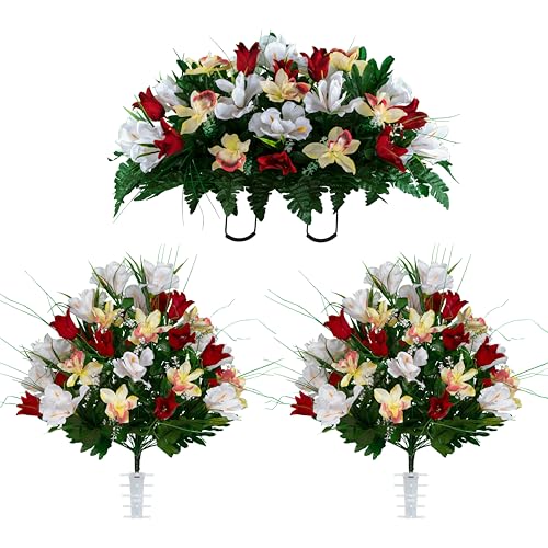 Artificial Cemetery Flowers - Grave Decoration - Red Tulips and White Iris (1) Headstone Saddle (2) Bouquets - color: Red/White, size: (1) Saddle (2) Bouquets
