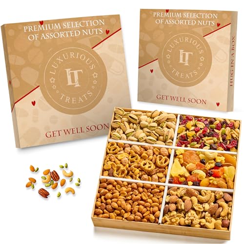 Luxurious Treats Nuts Gift Basket, Get Well Basket Gourmet Collection Healthy Food Box Mixed Cravings Platter Tray Sampler Assortment Mix for Men Women, Feel Better Surgery Sympathy - color: Beige
