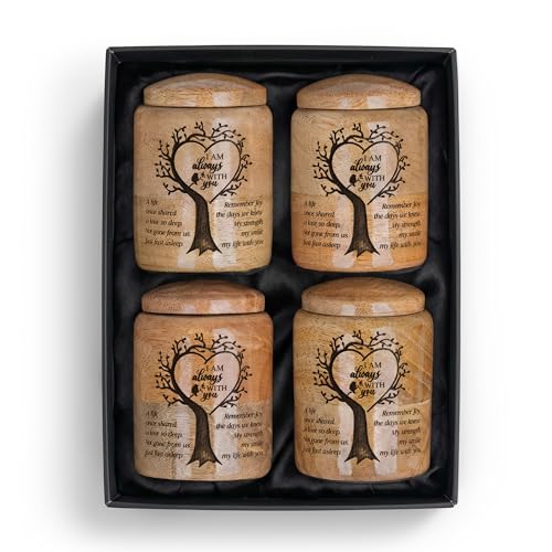Wooden Cremation Urns for Human Ashes - I Am Always with You - Set of 4 Tree of Life Heart Engraved 3 Cu in Each Small Keepsake Memorial Burial Boxes - size: Keepsake Set of 4