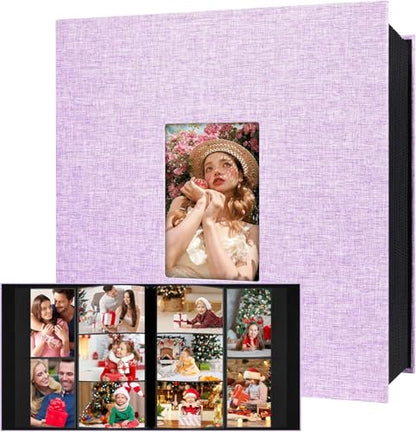 Aevdor Large Capacity 4x6 Photo Album, 1000 Photos, Linen Cover, Purple | Black Inner Pages, 3 Horizontal and 2 Vertical Pockets per Side, Front Photo Window, Family, Wedding & Travel Memories - color: Purple