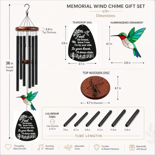 HCSS Memorial Wind Chimes for Outside,Sympathy Wind Chimes for Loss of Loved One,Memorial Gifts for Loss of Mom Dad - Hummingbird Wind Chimes for Outside with Mute Option, Bereavement Gifts. ﻿