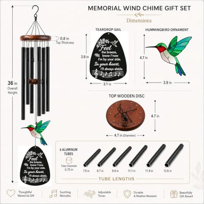 HCSS Memorial Wind Chimes for Outside,Sympathy Wind Chimes for Loss of Loved One,Memorial Gifts for Loss of Mom Dad - Hummingbird Wind Chimes for Outside with Mute Option, Bereavement Gifts. ﻿