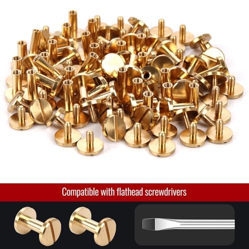 Brass Chicago Binding Screws -4mm x 10mm Binding Posts -10mm Phillips Nut-Chicago Screw Binding Post Screw Kit for DIY Leather Decoration Scrapbook Photo Albums (Brass, 25 PCS) - size: 4mm x 10mm