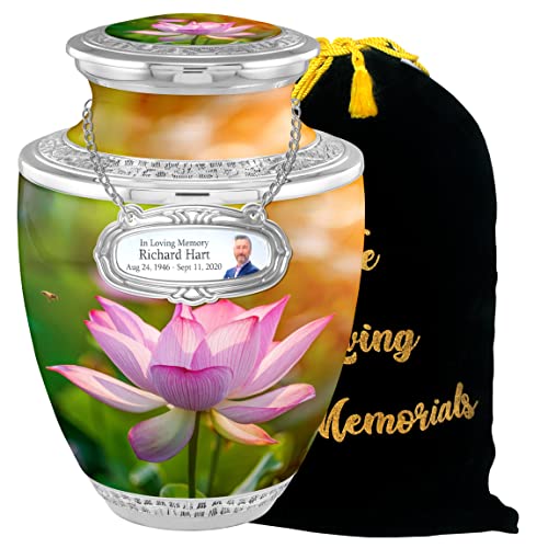 Personalized Medallion Sacred Lotus Cremation Urns - Handcrafted Funeral Decorative Urns for Adult Ashes - 200lbs Burial Urns - Male Female with Velvet Bag - color: Sacred Lotus Free Personalized Medallion