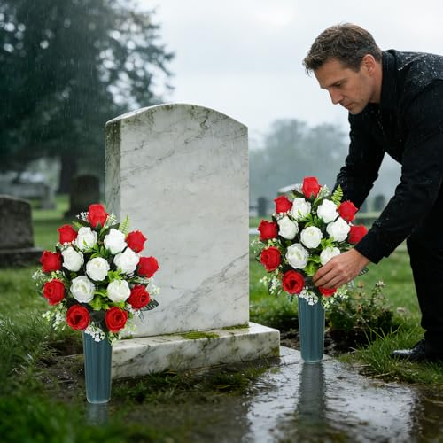 Artificial Cemetery Flowers with Vase, Artificial Headstone Memorial Flowers Rose Bouquet for Graveyard Grave Cemetery Decoration, Set of 2 (Red&White)