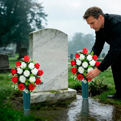 Artificial Cemetery Flowers with Vase, Artificial Headstone Memorial Flowers Rose Bouquet for Graveyard Grave Cemetery Decoration, Set of 2 (Red&White)