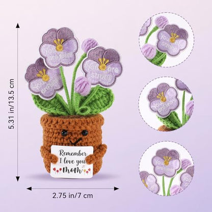 Crochet Flower Pot with Embroidered Petals - Cute Remember I Love You Mom Gifts for Mother's Day Birthday - Mini Handmade Flower Pansy Pot Doll Gift for Moms, Mother, Mama, Grandma - color: Mom