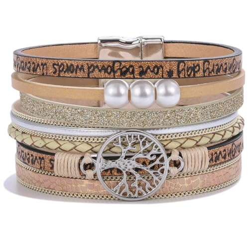 Tree of Life Inspirational Leather Wrap Bracelets Boho Western Cowgirl Cuff - color: Beige