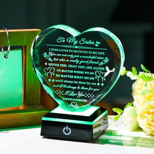 Arikyrist Sister Gifts from Sister Brother with Colorful LED Base Birthday Gifts Idea for Sisters Crystal Heart Keepsake Sisters Gift for Women for Christmas Mother's Day Valentines - style: Sister Gifts + Light Base