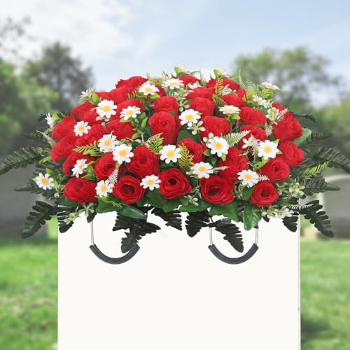 Lodou Artificial Cemetery Flower Saddle – Artificial Rose Memorial Flowers, Flower Saddles for Graves– for Headstone Decorations on Memorial Day, Christmas, Valentine’s Day ﻿ (Red) - color: Red