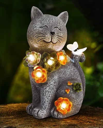Vuees Solar Garden Statues Outdoor Decor, 6 LED Cat Flowers Butterfly Figurine Lights, Waterproof for Balcony Patio Porch Lawn Yard Ornament Art - Gift Ideas for Housewarming Gardening Grandma Women - style: Cat & Flowers