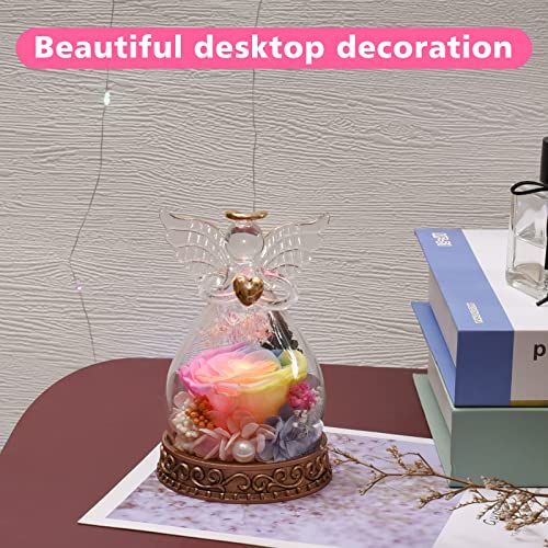 Preserved Real Rose in Glass Angel Figurine with LED Light, Angel Gifts for Women, Mom, Grandma on Mother's Day Christmas Birthday (Multicolor) - color: Multicolor
