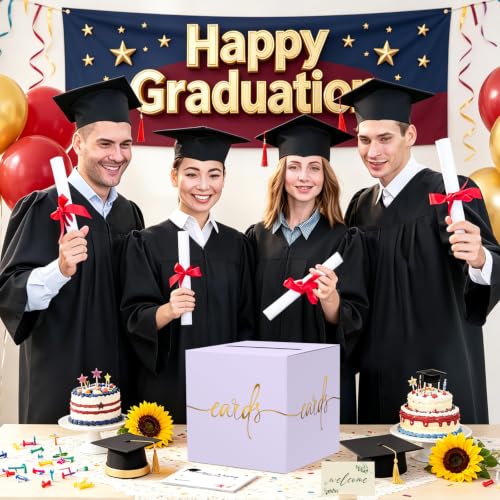 Light Purple Card Box with Gold Foil Design, Paperboard 8.7" Gift Card Holder for Wedding Graduation Birthday Party Reception Retirement Anniversary Bridal & Baby Shower - color: Light Purple Card Box with Gold Foil, size: 8.7×8.7×8.7Inch(1 Pack)