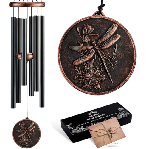 34" Dragonfly Wind Chimes for Outside, Deep Tone Garden Decor | 6 Tuned Aluminum Tubes, Pentatonic Scale, Ready to Hang, Patio Garden Decor, Gift for Women Mom Grandma - size: 34" Dragonfly