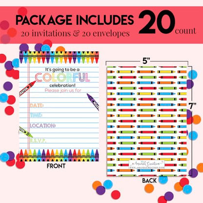 Amanda Creation Colorful Rainbow Crayons themed Birthday Party Fill in Invitations, set of twenty, includes envelopes - style: Rainbow Crayons