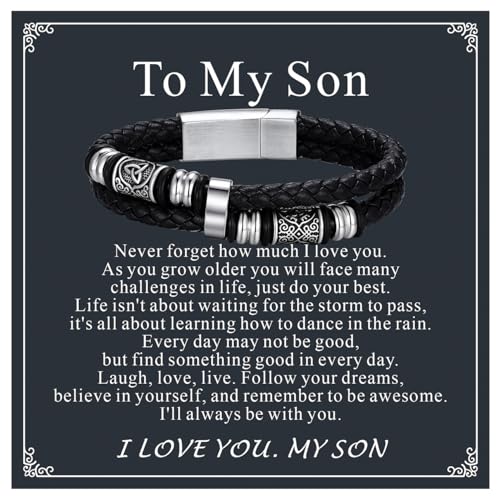 Bestyle Genuine Men Leather Bracelets Fashion Stainless Steel Celtic Beaded Wristband for Men, Size 7.5/8.3/9.1/9.8Inch Men Bracelet, Message Card Offered - style: 4.To My Son Message Card