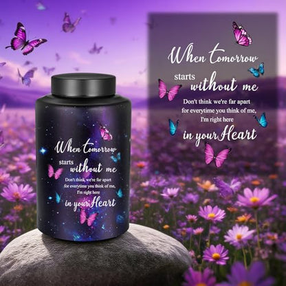 Abooxiu 10 Inches Cremation Urns for Human Ashes Keepsakes Urns Purple Butterfly Urn for Human Ashes Decorative Urns for Adult Male Memorial Stainless Steel Funeral Burial Um - Up to 200 lbs