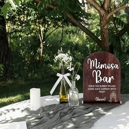 Rustic Wood Mimosa Bar Sign Table Top for Wedding Welcome Table | Modern Calligraphy, Rustic Wooden, Table Top, Wedding Reception and Event Party - color: Brown-Mimosa Bar