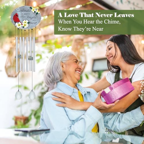 24'' Cardinal Wind Chimes for Outside, Cardinal Wind Chime for Loss of Loved One, Red Bird WindChimes for Garden Patio Balcony, Outdoor Memorial Windchime Sympathy Gifts for Women, Men