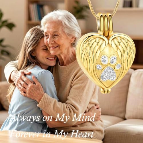 zeqingjw Pet Cremation Jewelry for Ashes Pendant Paw Print Pet Heart Urn Necklace Memorial Keepsake Jewelry for Pet/Dog's/Cat's Ashes - color: Wing Heart-Gold