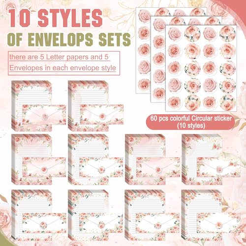 TaoBary 160 Pcs Stationery Paper Set 50 Double Sided Stationery Papers with 50 Matching Envelopes and 60 Round Dot Sticker, 10 Design(Floral,8.5 x 11 Inch) - size: 8.5 x 11 Inch, style: Floral