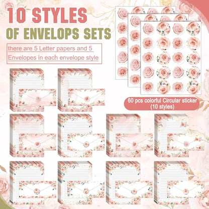 TaoBary 160 Pcs Stationery Paper Set 50 Double Sided Stationery Papers with 50 Matching Envelopes and 60 Round Dot Sticker, 10 Design(Floral,8.5 x 11 Inch) - size: 8.5 x 11 Inch, style: Floral