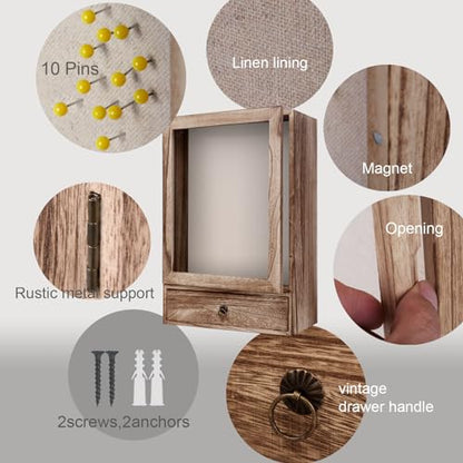 Deep Shadow Box Frame 11x16, 4" Depth Display Case with Drawer, Rustic Solid Wood Memory Box with Acrylic Door for Wedding Bouquet, Medals, Memorial Photos, Keepsakes, Wall or Tabletop