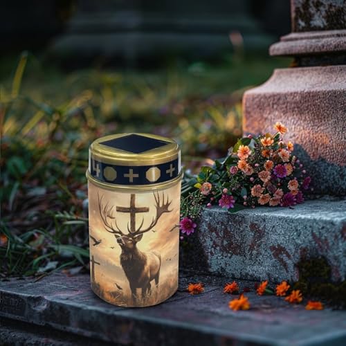 Poceacles Solar Lights Cemetery Solar Lights for Grave Solar Candle Solar Lantern Light Walkway Lights Waterproof Landscape Lighting for Loss of Loved One, Deer Cross Dove of Peace Brown - color: Deer Cross Dove of Peace Brown