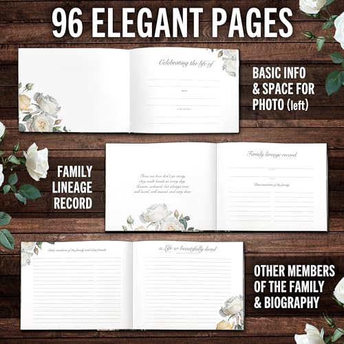 Celebration of Life Guest Book for Funeral or Memorial 9"x7", Hardcover Cardboard Floral Remembrance Book w/Sign In Poster, Gold Foil, Photo Window, Memory Keepsake for Loved Ones, Black & White Roses
