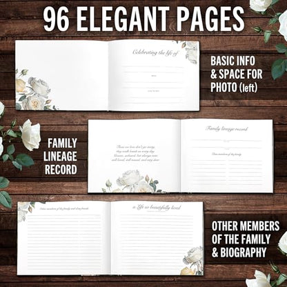 Celebration of Life Guest Book for Funeral or Memorial 9"x7", Hardcover Cardboard Floral Remembrance Book w/Sign In Poster, Gold Foil, Photo Window, Memory Keepsake for Loved Ones, Black & White Roses