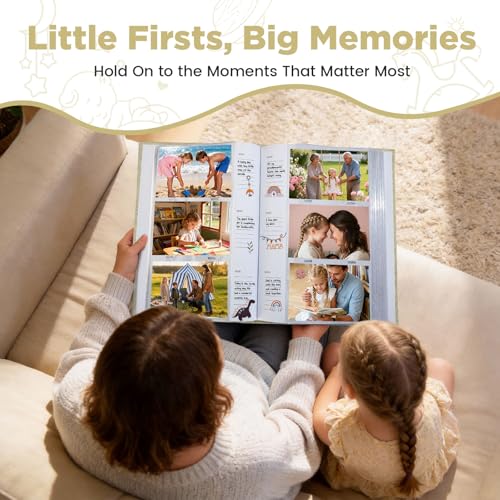 Baby Photo Album 4x6 300 Pockets with Memo Area, Photo Stickers & Hand and Footprint Kit, Linen Cover Baby Memory Book with Front Window, First Year Keepsake for Newborn Boy Girl - color: Beige