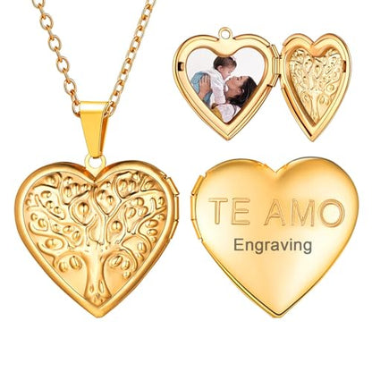 U7 Women Locket Necklace, Heart Photo Lockets Hold Picture, Gift Box Packed - color: 04# Gold(Tree)
