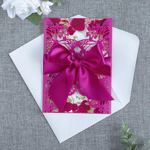 20 PCS Butterfly Quinceanera Invitation, Laser Cut Invitation Cards | 5.12x7.2" Fuchsia Butterfly Quinceanera Invitation with Envelopes for XV Anos Bridal Shower Baby Shower Invite - color: Fuchsia