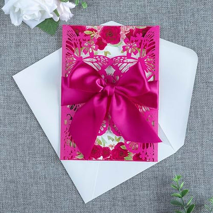 20 PCS Butterfly Quinceanera Invitation, Laser Cut Invitation Cards | 5.12x7.2" Fuchsia Butterfly Quinceanera Invitation with Envelopes for XV Anos Bridal Shower Baby Shower Invite - color: Fuchsia