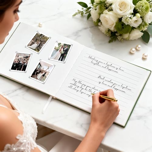 Wedding Guest Book – Guest Book for Receptions, Baby Showers & Celebrations | Grass Green Linen Hardcover, Polaroid Guest Book with 100 Half Blank and Lined Pages for Signatures and Photos - color: Grass Green