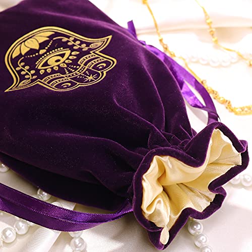 ARTSY CRAFTS 6x9" Hamsa Hand Velvet Jewelry Pouch Gift Bags, Fatima Hand Evil Eye Velvet Drawstring Oracle Tarot Card Rune bags Dice Bag (Eggplant Purple) - color: Eggplant Purple